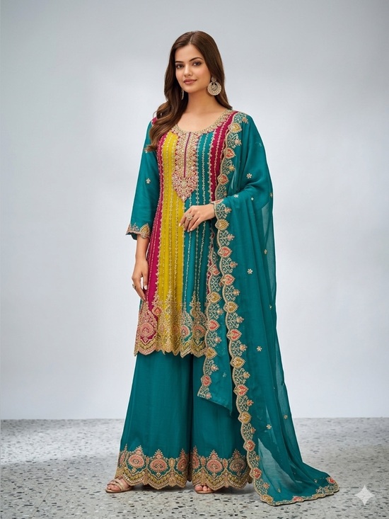 Ethnic Indian Wear Other - Teal Anarkali Palazzo Set w/ Dupatta | Embroidered Zari Ethnic